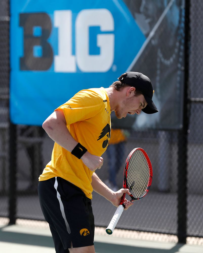 Jonas Larsen against Northwestern in the first round of the 2018 Big Ten Men's Tennis Tournament Thursday, April 26, 2018 at the Hawkeye Tennis and Recreation Complex. (Brian Ray/hawkeyesports.com)