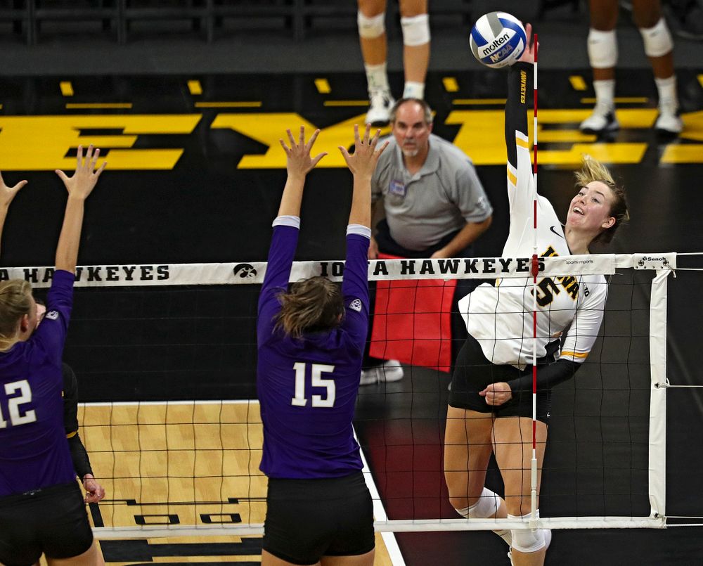 Iowa’s Meghan Buzzerio (5) goes up for a kill during their Big Ten/Pac-12 Challenge match at Carver-Hawkeye Arena in Iowa City on Saturday, Sep 7, 2019. (Stephen Mally/hawkeyesports.com)