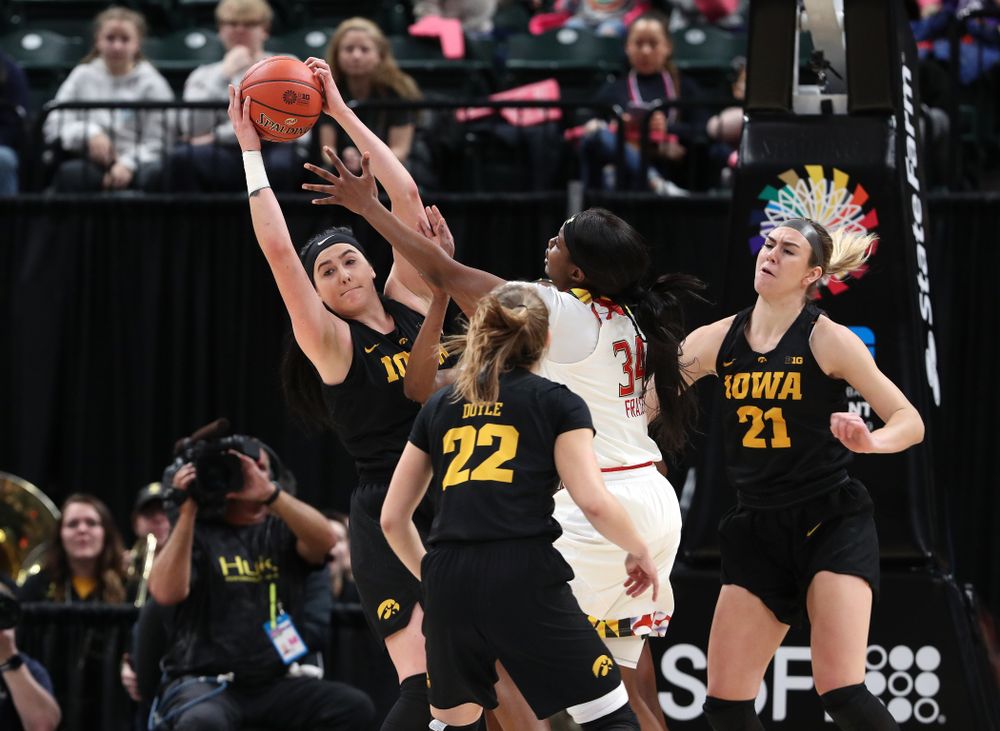 Iowa Hawkeyes forward Megan Gustafson (10) against the Maryland Terrapins Sunday, March 10, 2019 at Bankers Life Fieldhouse in Indianapolis, Ind. (Brian Ray/hawkeyesports.com)