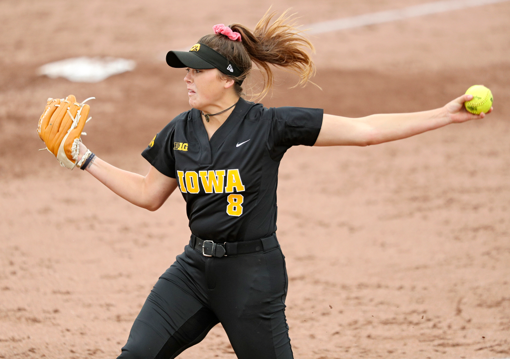 Iowa pitcher Lauren Shaw (8) delivers to the plate during the sixth inning of their game against Iowa Softball vs Indian Hills Community College at Pearl Field in Iowa City on Sunday, Oct 6, 2019. (Stephen Mally/hawkeyesports.com)