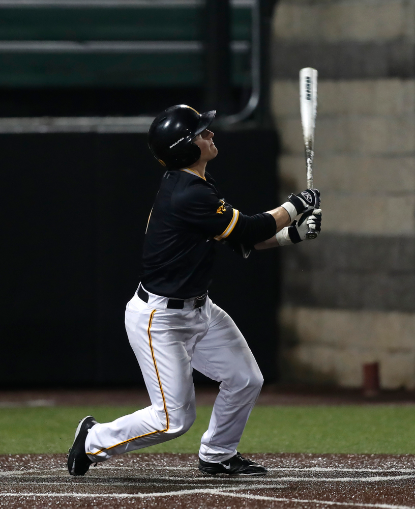 Iowa Hawkeyes catcher Tyler Cropley (5) hits a walk off grand slam against the Bradley Braves Wednesday, March 28, 2018 at Duane Banks Field. (Brian Ray/hawkeyesports.com)
