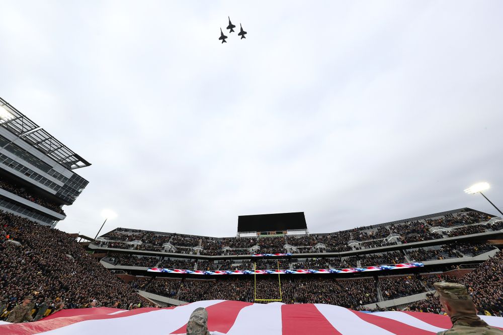 Thee F/A -18 fighters fly over before the Iowa Hawkeyes game against the Northwestern Wildcats Saturday, November 10, 2018 at Kinnick Stadium. (Brian Ray/hawkeyesports.com)