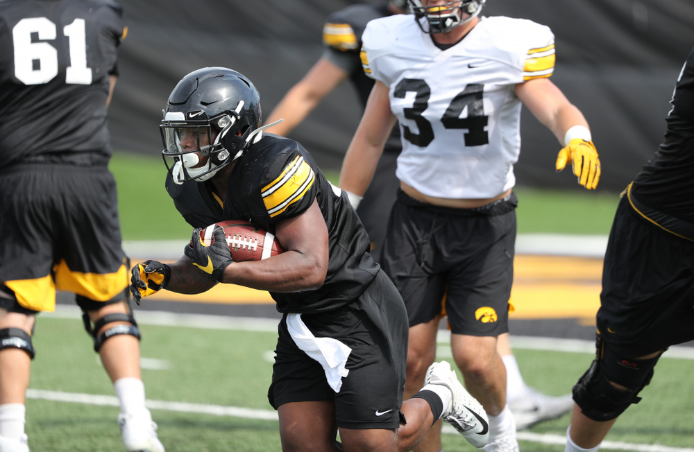 Iowa Hawkeyes running back Mekhi Sargent (10) during Fall Camp Practice No. 4 Monday, August 5, 2019 at the Ronald D. and Margaret L. Kenyon Football Practice Facility. (Brian Ray/hawkeyesports.com)