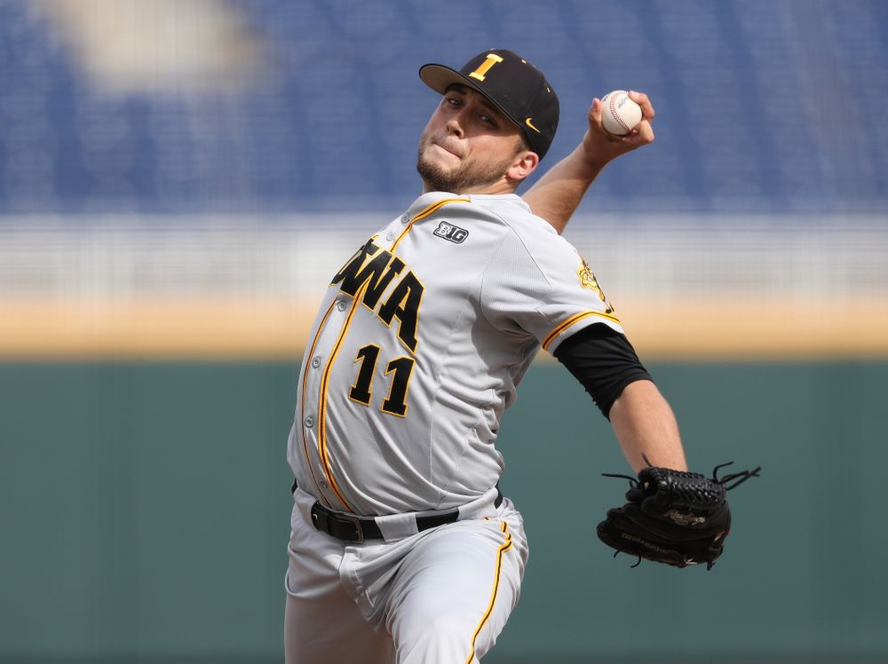 Iowa Hawkeyes Cole McDonald (11) delivers the ball to the plate against the Indiana Hoosiers in the first round of the Big Ten Baseball Tournament Wednesday, May 22, 2019 at TD Ameritrade Park in Omaha, Neb. (Brian Ray/hawkeyesports.com)