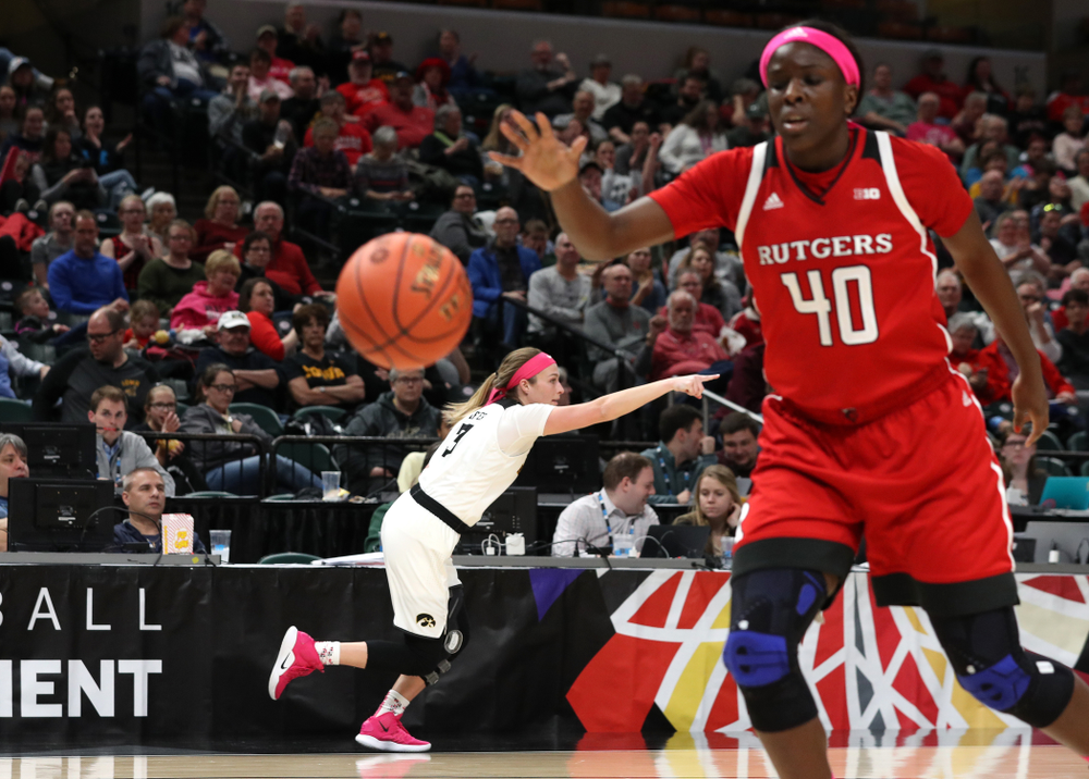 Iowa Hawkeyes guard Makenzie Meyer (3) against the Rutgers Scarlet Knights in the semi-finals of the Big Ten Tournament Saturday, March 9, 2019 at Bankers Life Fieldhouse in Indianapolis, Ind. (Brian Ray/hawkeyesports.com)