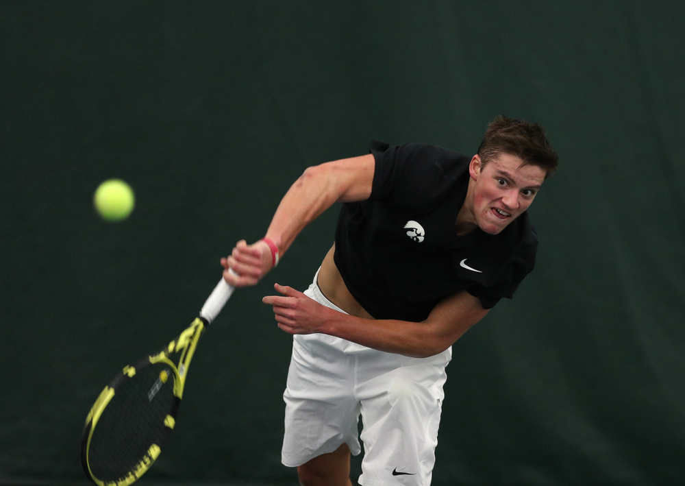 Joe Tyler against Utah Sunday, February 10, 2019 at the Hawkeye Tennis and Recreation Complex. (Brian Ray/hawkeyesports.com)
