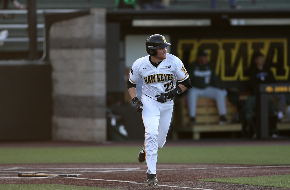 Iowa Hawkeyes Tanner Padgett (22) doubles against the Michigan State Spartans Friday, May 10, 2019 at Duane Banks Field. (Brian Ray/hawkeyesports.com)