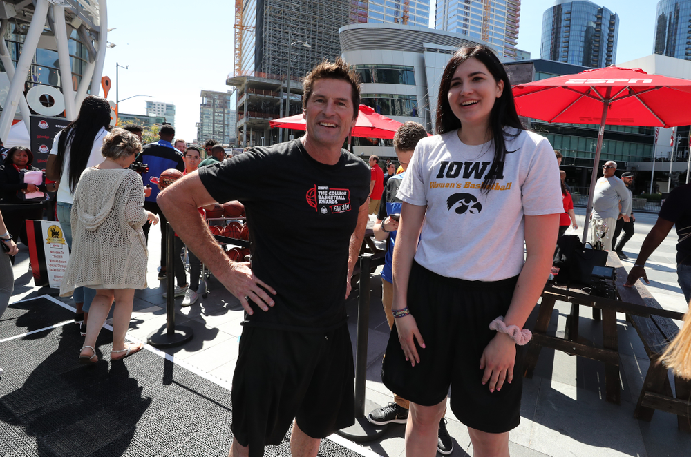 Iowa Hawkeyes forward Megan Gustafson (10) during a Special Olympics event Friday, April 12, 2019 as part of the ESPN College Basketball Awards in the XBOX Plaza at LA Live. (Brian Ray/hawkeyesports.com)