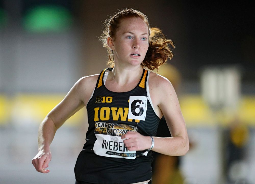 Iowa’s Macie Weber runs the women’s 600 meter run event during the Larry Wieczorek Invitational at the Recreation Building in Iowa City on Friday, January 17, 2020. (Stephen Mally/hawkeyesports.com)