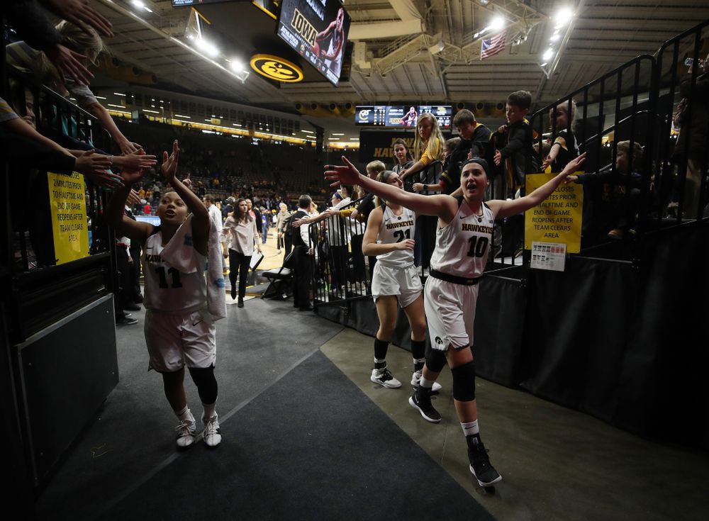 Iowa Hawkeyes guard Tania Davis (11), forward Megan Gustafson (10), and forward Hannah Stewart (21) against the Northern Iowa Panthers in the Hy-Vee Classic Sunday, December 16, 2018 at Carver-Hawkeye Arena. (Brian Ray/hawkeyesports.com)