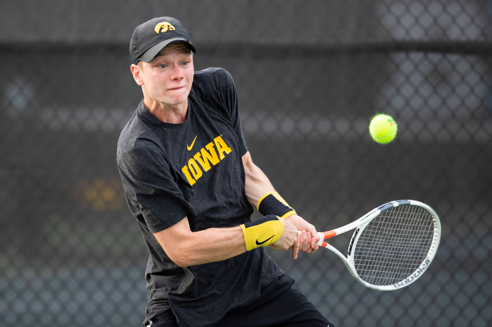 IowaÕs Jason Kerst at tennis vs Illinois State on Sunday, April 21, 2019 at the Hawkeye Tennis and Recreation Complex. (Lily Smith/hawkeyesports.com)