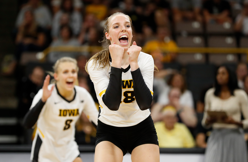 Iowa Hawkeyes middle blocker Hannah Clayton (18) against Eastern Illinois Sunday, September 9, 2018 at Carver-Hawkeye Arena. (Brian Ray/hawkeyesports.com)