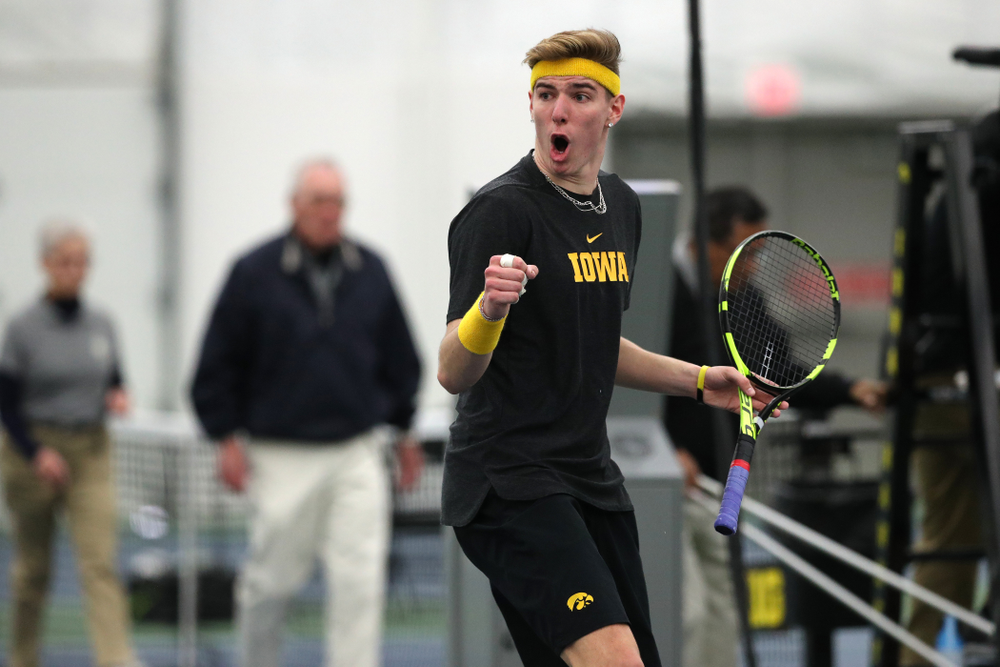 Iowa's Nikita Snezhko and Joe Tyler play a doubles match against UMKC Friday, February 15, 2019 at the Hawkeye Tennis and Recreation Complex. (Brian Ray/hawkeyesports.com)