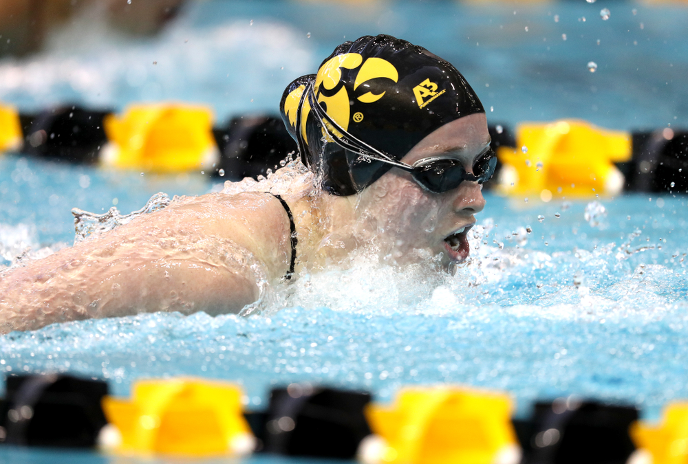 Iowa's Kelsey Drake swims the 200 yard butterfly during a double dual against Wisconsin and Northwestern Saturday, January 19, 2019 at the Campus Recreation and Wellness Center. (Brian Ray/hawkeyesports.com)