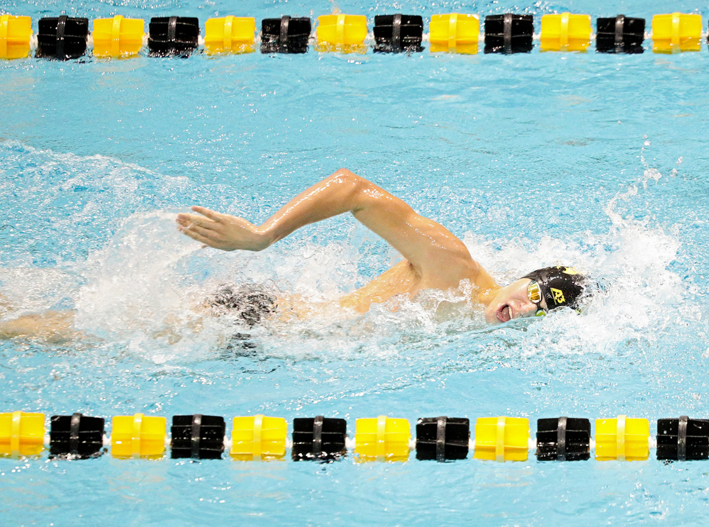 Iowa’s Andrew Fierke swims the men’s 1000-yard freestyle event during their meet against Michigan State and Northern Iowa at the Campus Recreation and Wellness Center in Iowa City on Friday, Oct 4, 2019. (Stephen Mally/hawkeyesports.com)