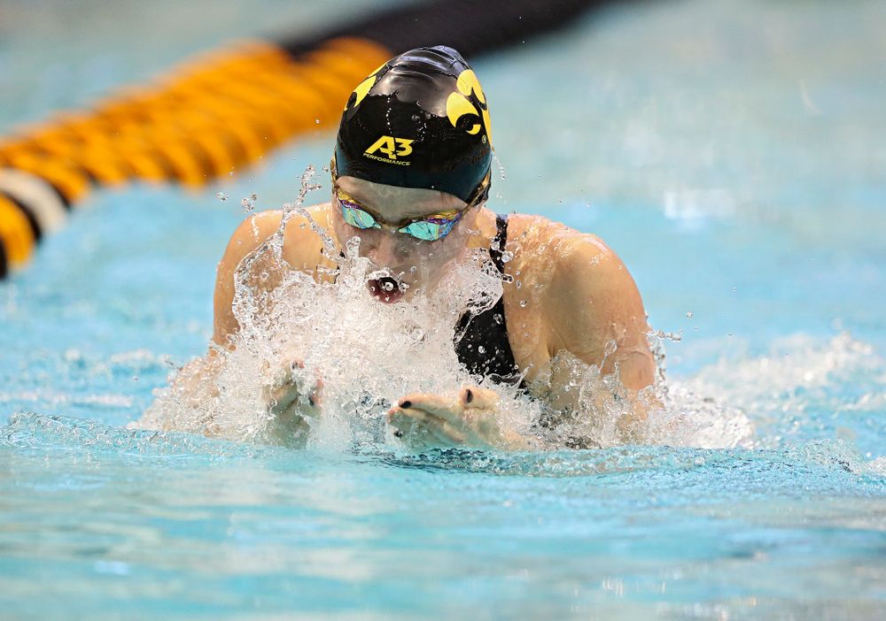 Iowa’s Aleksandra Olesiak swims the women’s 100 yard breaststroke preliminary event during the 2020 Women’s Big Ten Swimming and Diving Championships at the Campus Recreation and Wellness Center in Iowa City on Friday, February 21, 2020. (Stephen Mally/hawkeyesports.com)