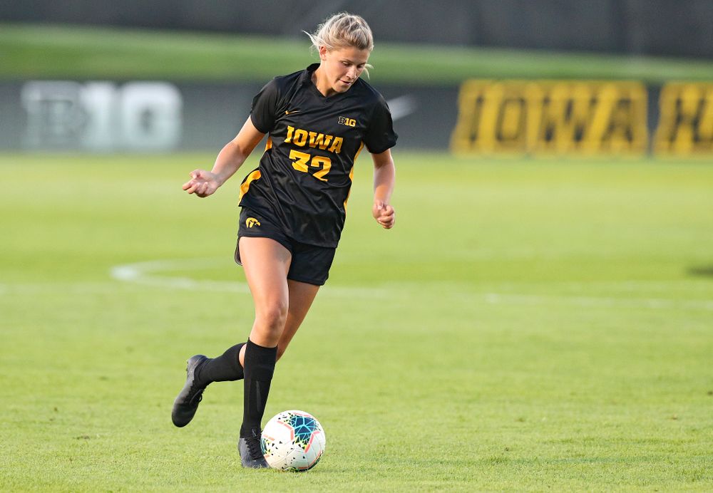 Iowa forward Gianna Gourley (32) moves with the ball during the first half of their match against Western Michigan at the Iowa Soccer Complex in Iowa City on Thursday, Aug 22, 2019. (Stephen Mally/hawkeyesports.com)