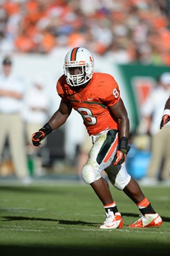 University of Miami Hurricanes running back Duke Johnson #8 plays in a game against the Georgia Tech Yellow Jackets at Sun Life Stadium on October 5,...