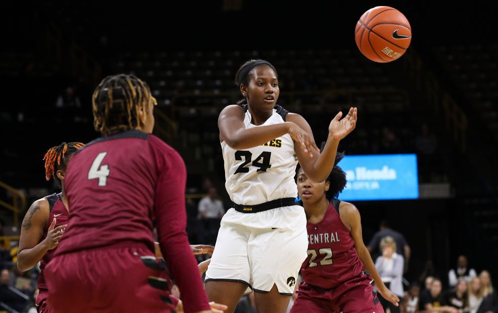 Iowa Hawkeyes guard Zion Sanders (24) passes the ball during a game against North Carolina Central at Carver-Hawkeye Arena on November 17, 2018. (Tork Mason/hawkeyesports.com)