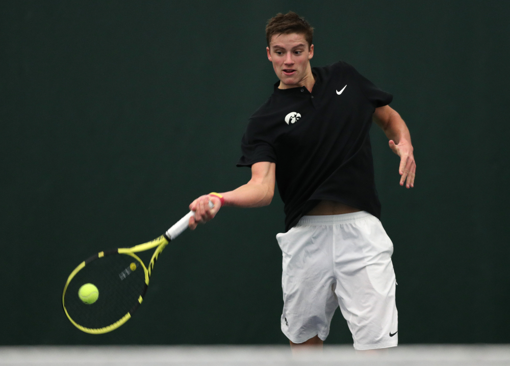 Joe Tyler against Utah Sunday, February 10, 2019 at the Hawkeye Tennis and Recreation Complex. (Brian Ray/hawkeyesports.com)