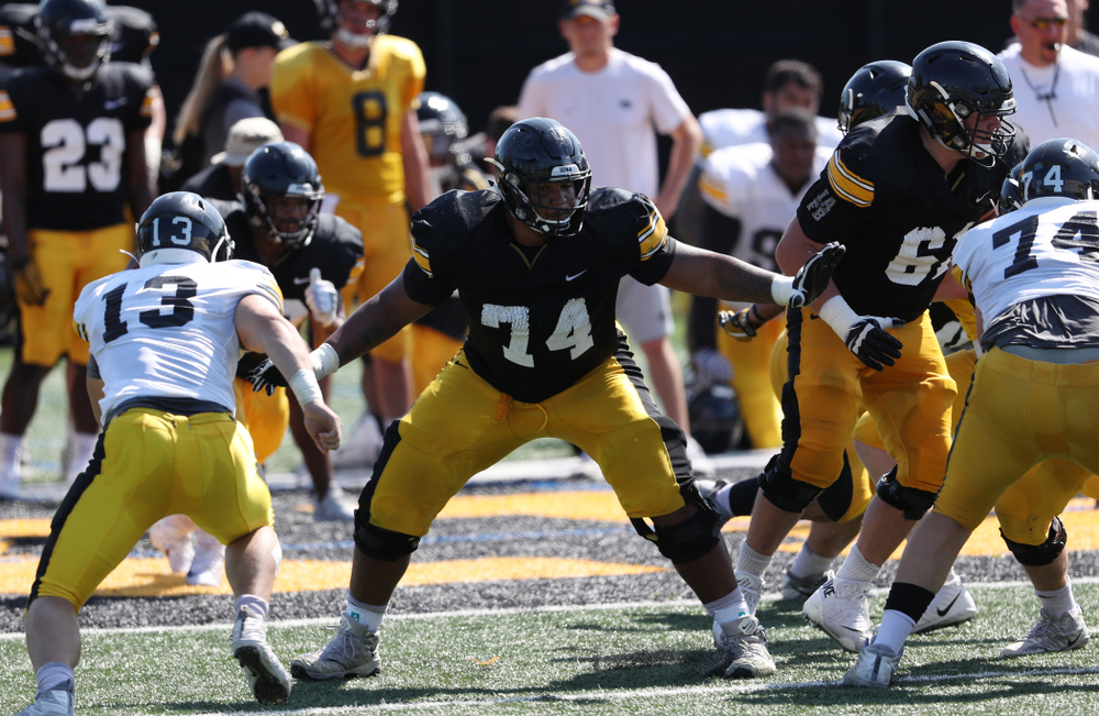 Iowa Hawkeyes offensive lineman Tristan Wirfs (74) during Fall Camp Practice No. 5 Tuesday, August 6, 2019 at the Ronald D. and Margaret L. Kenyon Football Practice Facility. (Brian Ray/hawkeyesports.com)