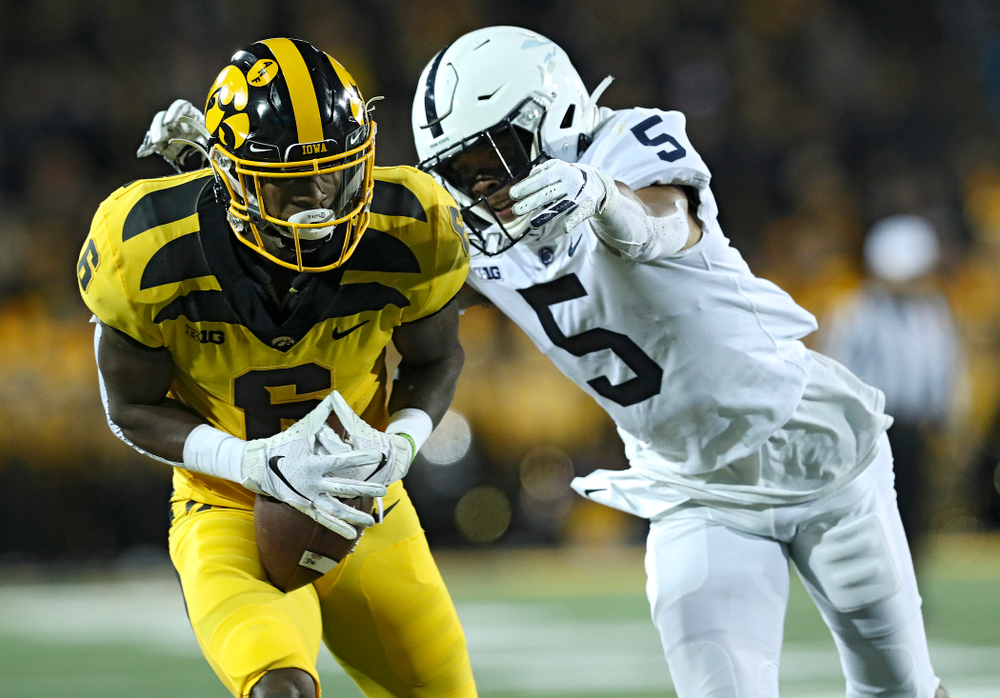 Iowa Hawkeyes wide receiver Ihmir Smith-Marsette (6) pulls in a pass during the second quarter of their game at Kinnick Stadium in Iowa City on Saturday, Oct 12, 2019. (Stephen Mally/hawkeyesports.com)