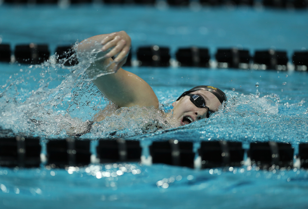 Iowa's Taylor Hartley swims the 500 yard freestyle Thursday, November 15, 2018 during the 2018 Hawkeye Invitational at the Campus Recreation and Wellness Center. (Brian Ray/hawkeyesports.com)