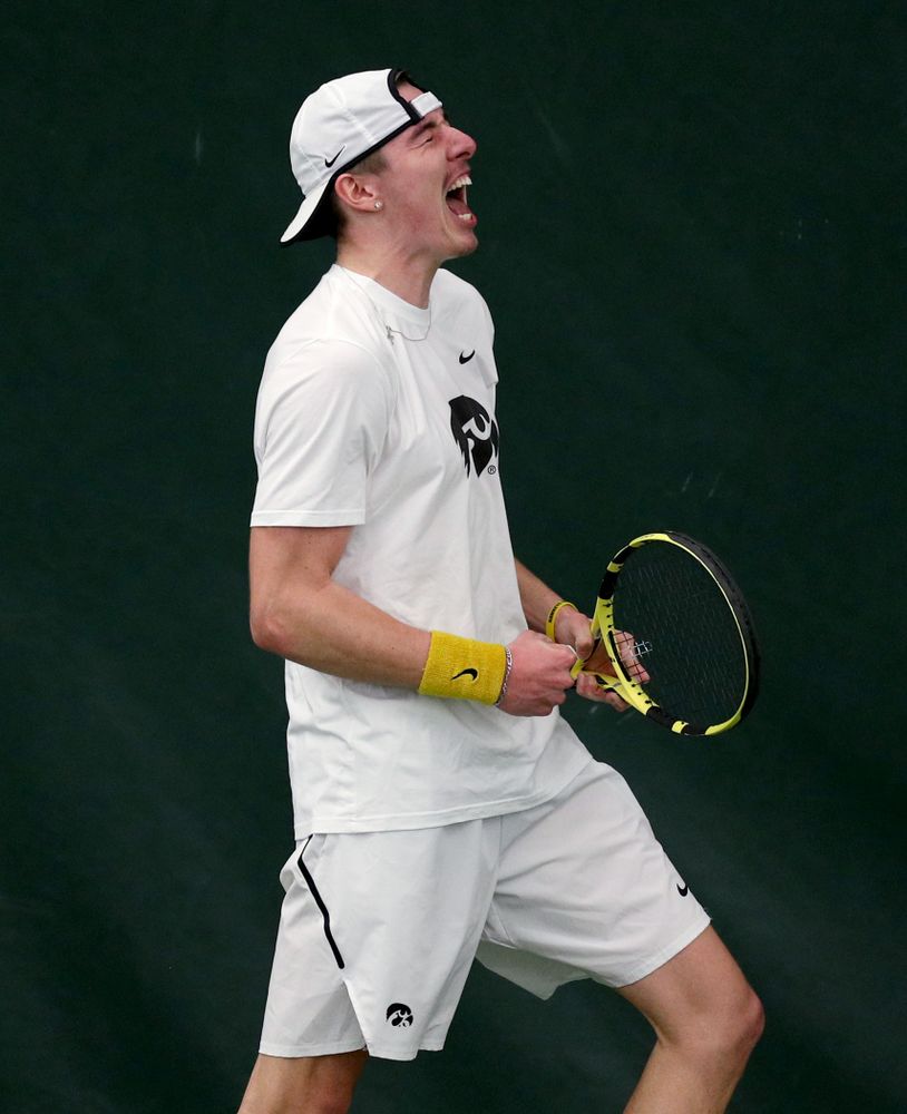 Iowa’s Nikita Snezhko against Cornell Sunday, March 8, 2020 at the Hawkeye Tennis and Recreation Center. (Brian Ray/hawkeyesports.com)