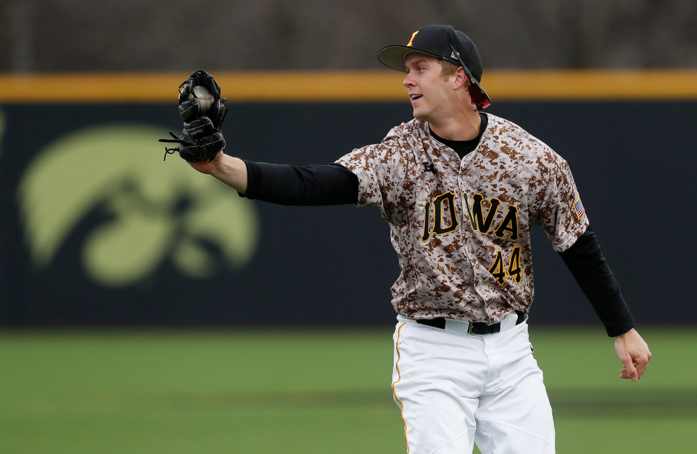 Iowa Hawkeyes outfielder Robert Neustrom (44) during a double header against the Indiana Hoosiers Friday, March 23, 2018 at Duane Banks Field. (Brian Ray/hawkeyesports.com)