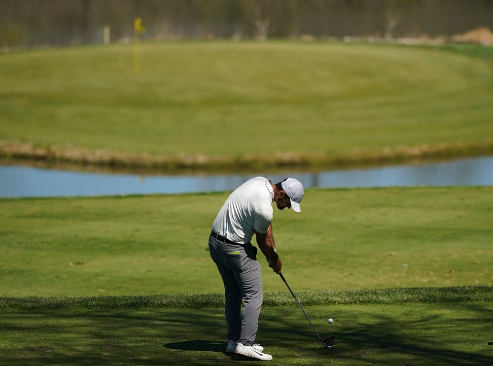 Iowa's Gonzalo Leal tees off during the first round of the Hawkeye Invitational at Finkbine Golf Course in Iowa City on Saturday, Apr. 20, 2019. (Stephen Mally/hawkeyesports.com)