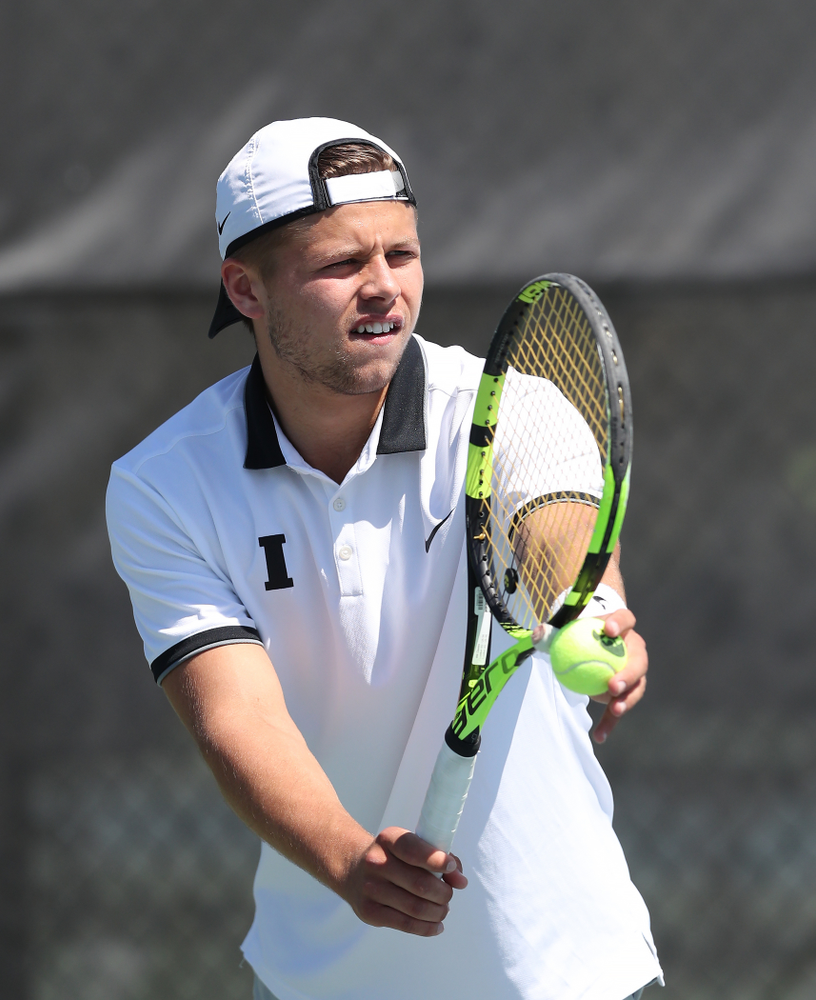 IowaÕs Oliver Okonkwo and Will Davies play a doubles match against the Michigan Wolverines Sunday, April 21, 2019 at the Hawkeye Tennis and Recreation Complex. (Brian Ray/hawkeyesports.com)
