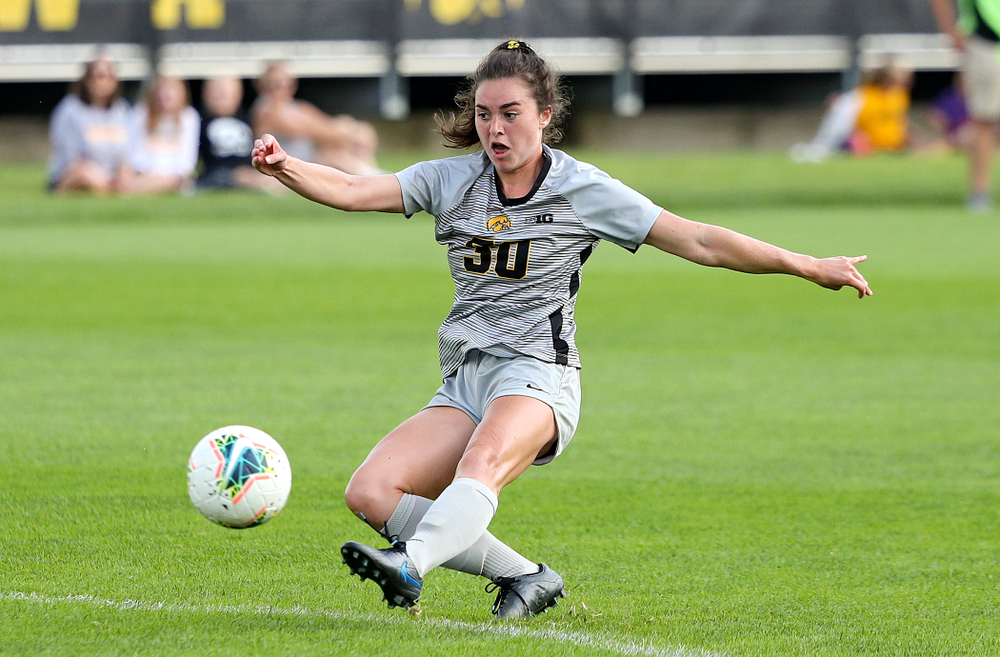 Iowa forward Devin Burns (30) scores a goal during the first half of their match at the Iowa Soccer Complex in Iowa City on Sunday, Sep 1, 2019. (Stephen Mally/hawkeyesports.com)
