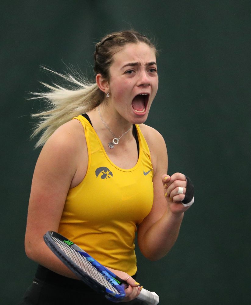 Iowa's Sophie Clark plays a doubles match against Xavier Friday, January 18, 2019 at the Hawkeye Tennis and Recreation Center. (Brian Ray/hawkeyesports.com)
