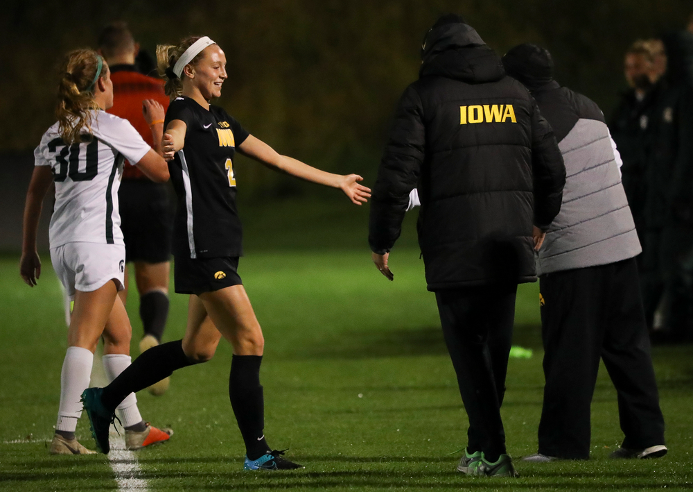 Iowa Hawkeyes midfielder Hailey Rydberg (2) is congratulated as she comes off the field after scoring a goal during a game against Michigan State at the Iowa Soccer Complex on October 12, 2018. (Tork Mason/hawkeyesports.com)