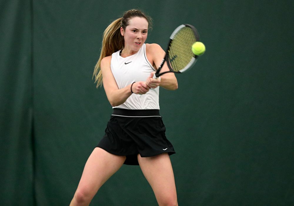 Iowa’s Samantha Mannix during her singles match at the Hawkeye Tennis and Recreation Complex in Iowa City on Sunday, February 16, 2020. (Stephen Mally/hawkeyesports.com)