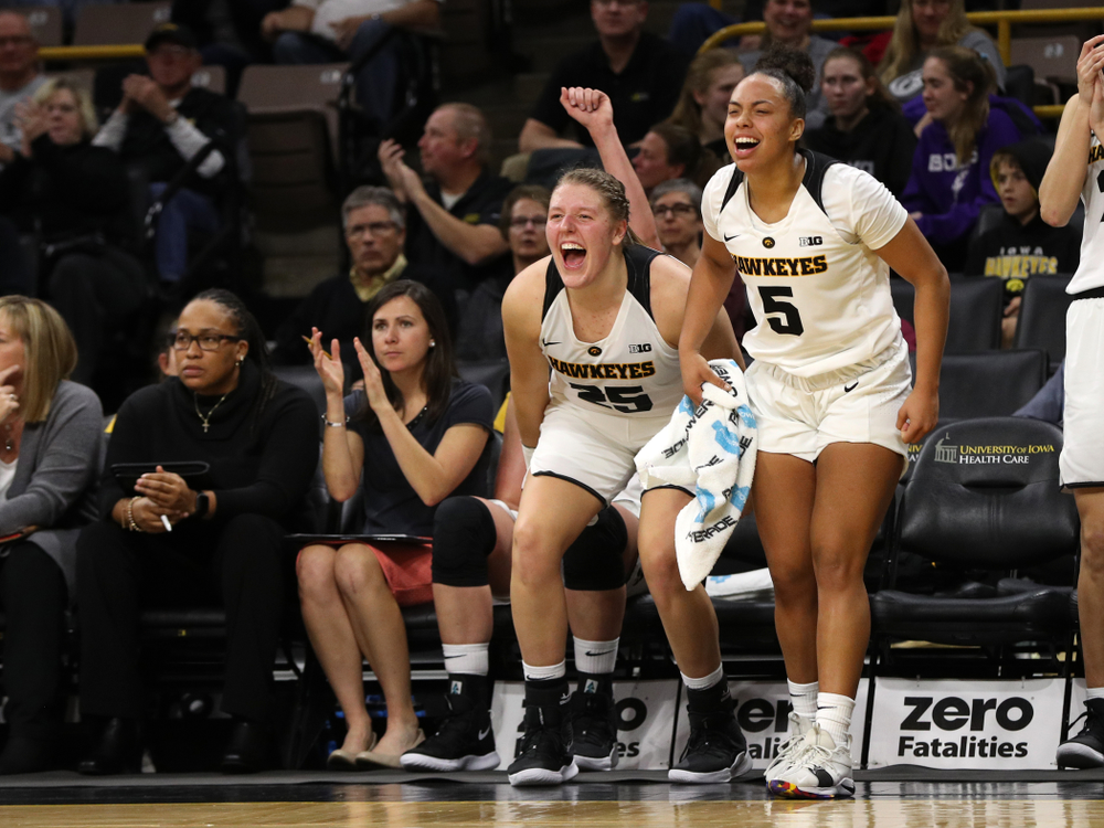 Iowa Hawkeyes forward/center Monika Czinano (25) and guard Alexis Sevillian (5) against Dakota Wesleyan University Tuesday, November 6, 2018 at Carver-Hawkeye Arena. (Brian Ray/hawkeyesports.com)