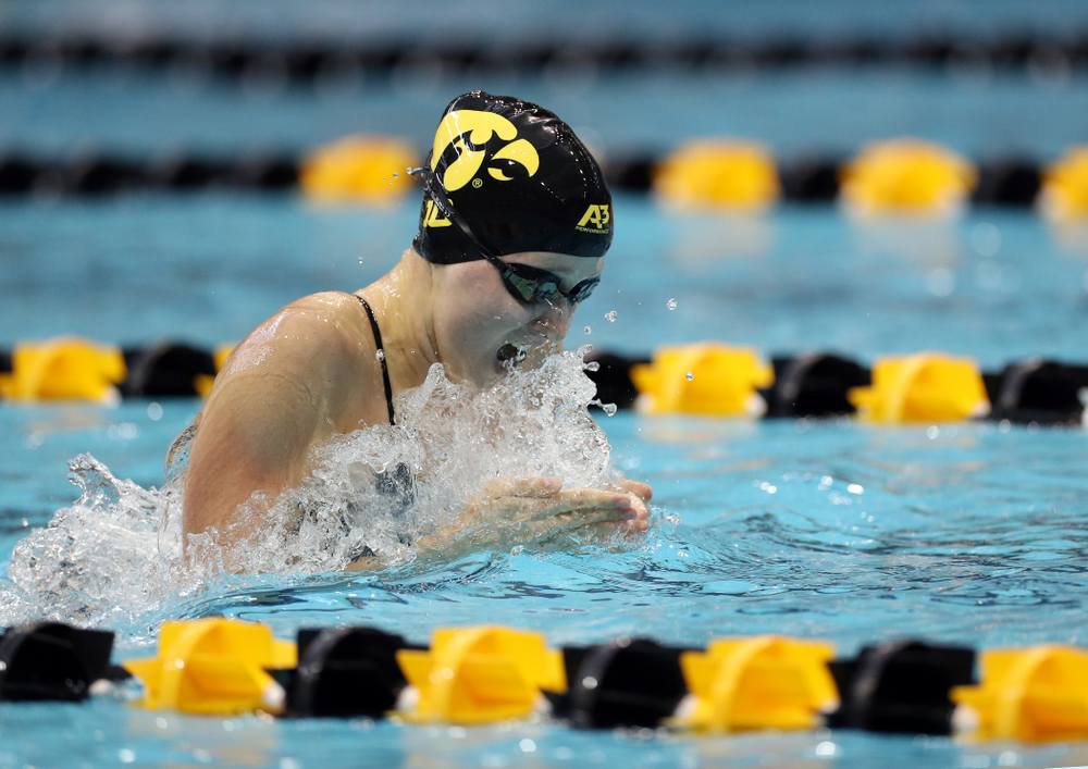 IowaÕs Aleksandra Olesiak swims the 100 yard breaststroke against the Michigan Wolverines Friday, November 1, 2019 at the Campus Recreation and Wellness Center. (Brian Ray/hawkeyesports.com)