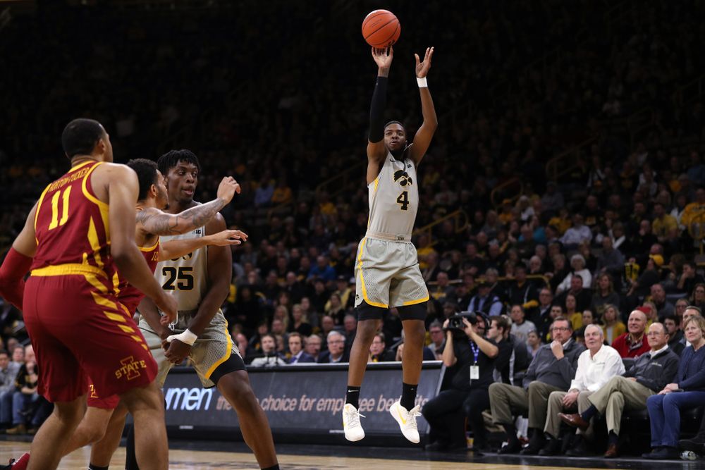 Iowa Hawkeyes guard Isaiah Moss (4) against the Iowa State Cyclones in the Iowa Corn Cy-Hawk Series Thursday, December 6, 2018 at Carver-Hawkeye Arena. (Brian Ray/hawkeyesports.com)