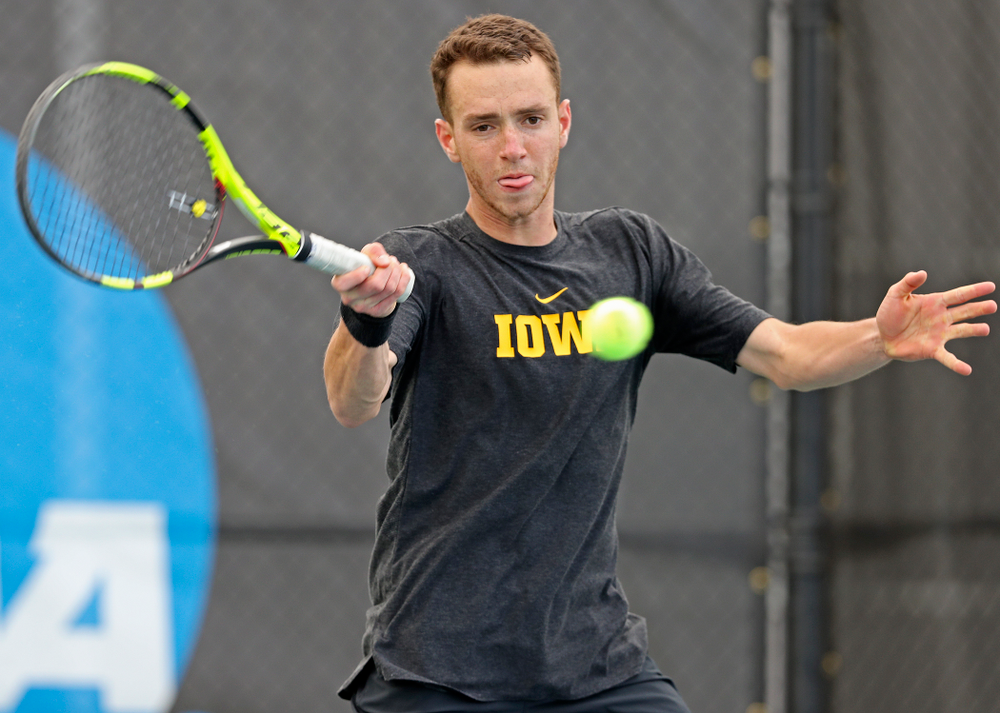 Iowa's Kareen Allaf competes during a match against Ohio State at the Hawkeye Tennis and Recreation Complex in Iowa City on Sunday, Apr. 7, 2019. (Stephen Mally/hawkeyesports.com)
