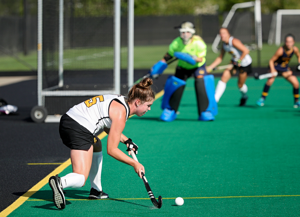 Iowa’s Meghan Conroy (5) lines up a shot during the fourth quarter of their game at Grant Field in Iowa City on Friday, Sep 13, 2019. (Stephen Mally/hawkeyesports.com)