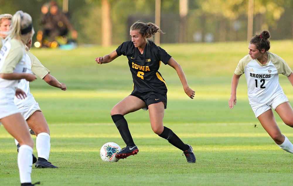 Iowa midfielder Isabella Blackman (6) moves with the ball during the first half of their match against Western Michigan at the Iowa Soccer Complex in Iowa City on Thursday, Aug 22, 2019. (Stephen Mally/hawkeyesports.com)