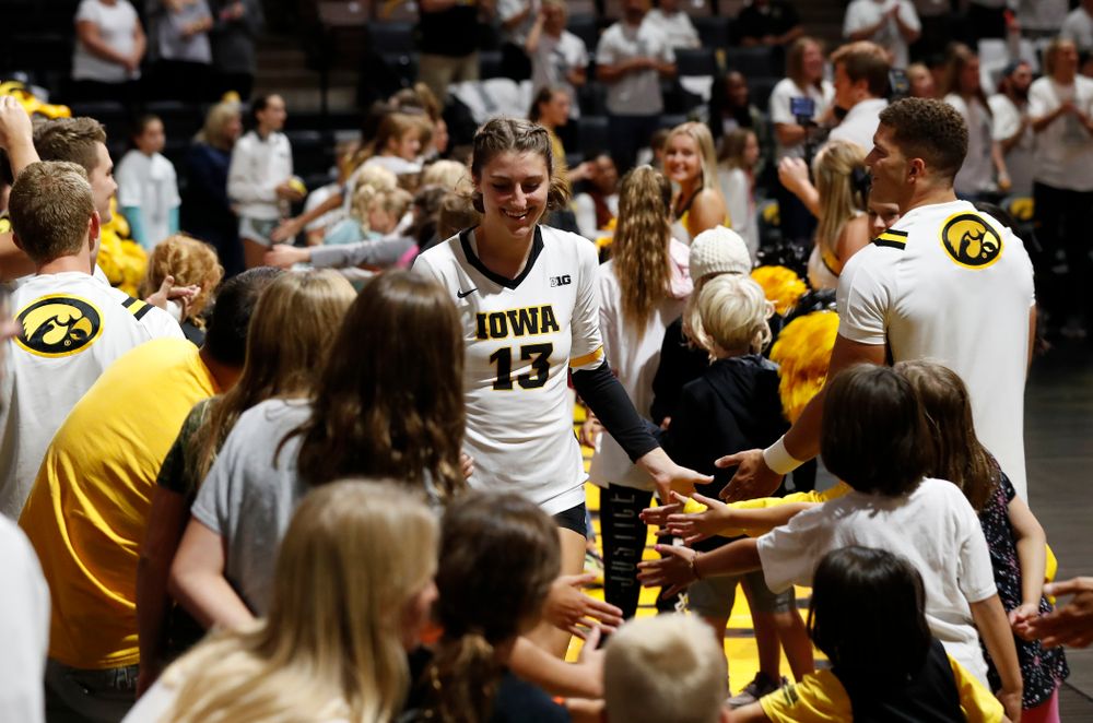 Iowa Hawkeyes middle blocker Sarah Wing (13) against the Michigan State Spartans Friday, September 21, 2018 at Carver-Hawkeye Arena. (Brian Ray/hawkeyesports.com)