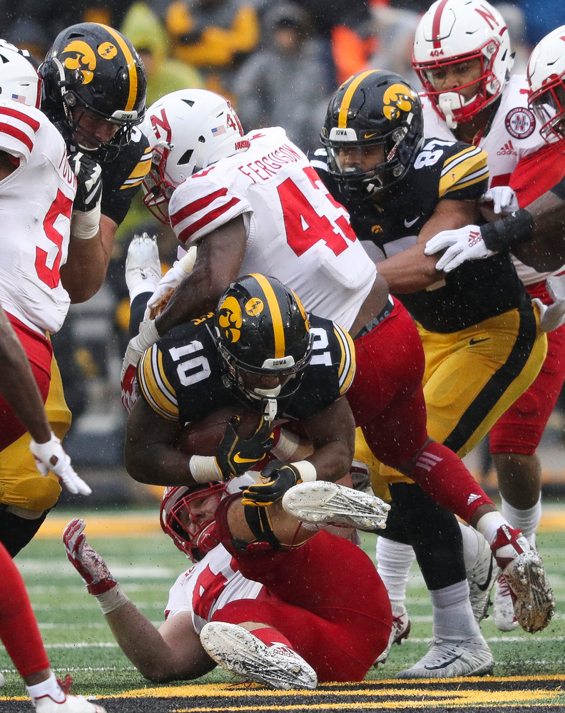 Iowa Hawkeyes running back Mekhi Sargent (10) runs the ball during a game against Nebraska at Kinnick Stadium on November 23, 2018. (Tork Mason/hawkeyesports.com)