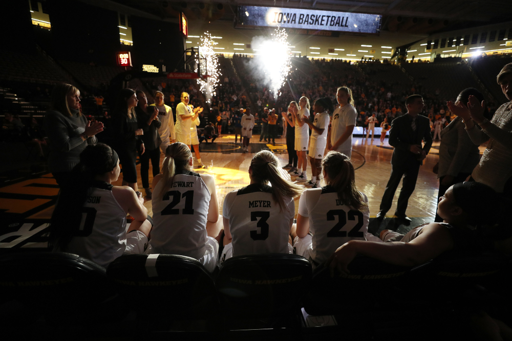 Iowa Hawkeyes forward Megan Gustafson (10), forward Hannah Stewart (21), guard Makenzie Meyer (3), guard Kathleen Doyle (22), and guard Tania Davis (11) before their game against the Wisconsin Badgers Monday, January 7, 2019 at Carver-Hawkeye Arena. (Brian Ray/hawkeyesports.com)
