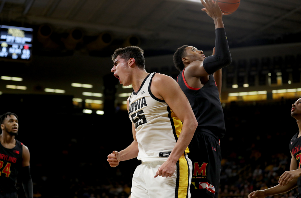 Iowa Hawkeyes forward Luka Garza (55) reacts after a basket against the Maryland Terrapins Friday, January 10, 2020 at Carver-Hawkeye Arena. (Brian Ray/hawkeyesports.com)