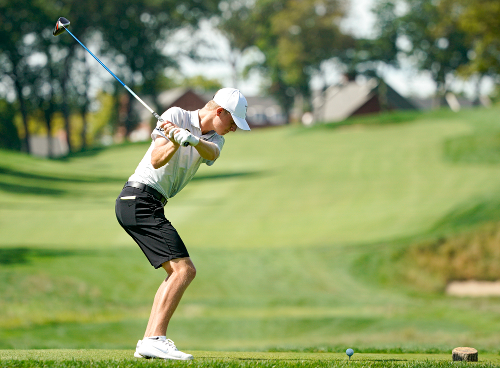 Iowa’s Benton Weinberg tees off during the second day of the Golfweek Conference Challenge at the Cedar Rapids Country Club in Cedar Rapids on Monday, Sep 16, 2019. (Stephen Mally/hawkeyesports.com)