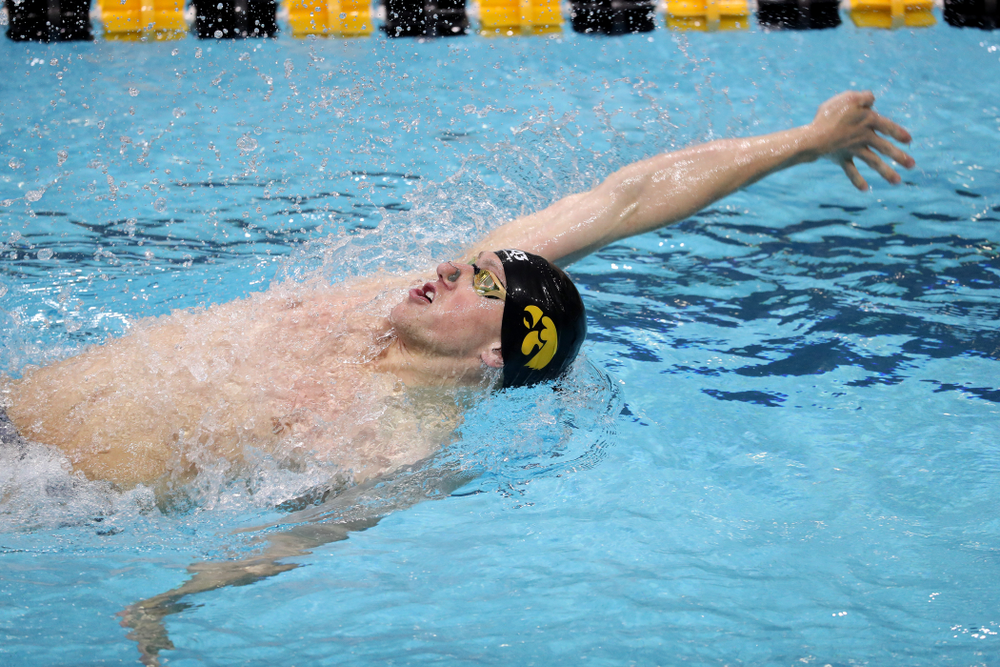 IowaÕs John Colin swims the backstroke leg of the 200 Medley Relay against Notre Dame and Illinois Saturday, January 11, 2020 at the Campus Recreation and Wellness Center. (Brian Ray/hawkeyesports.com)