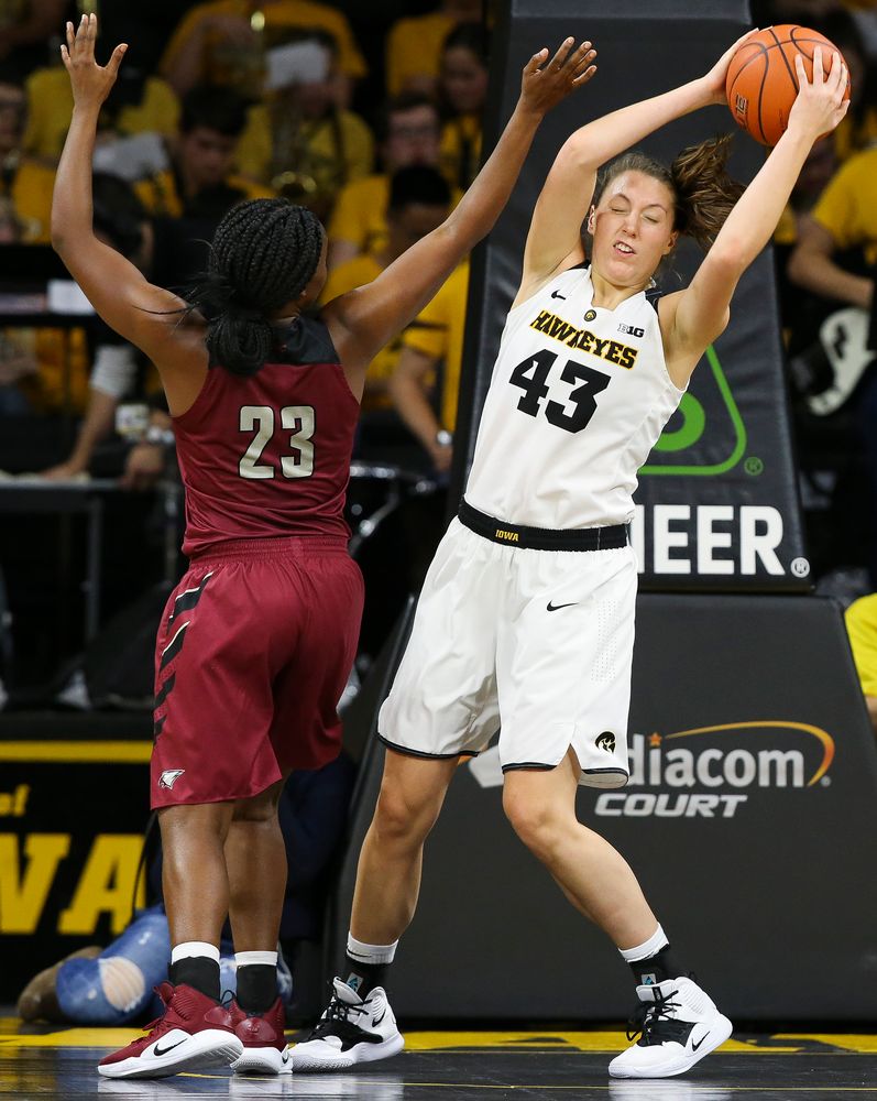 Iowa Hawkeyes forward Amanda Ollinger (43) pulls down a rebound during a game against North Carolina Central at Carver-Hawkeye Arena on November 17, 2018. (Tork Mason/hawkeyesports.com)