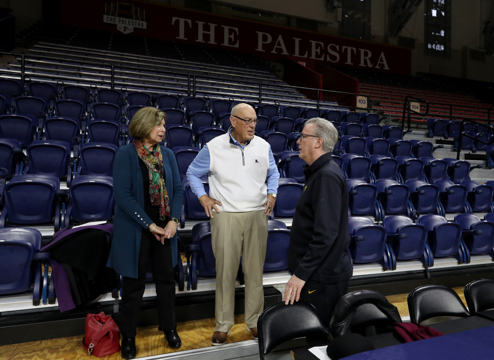 Iowa Hawkeyes head coach Fran McCaffery talks with Bob Weinhauer, his head coach from Penn, before practice at the Palestra Friday, January 3, 2020 in Philadelphia. (Brian Ray/hawkeyesports.com)