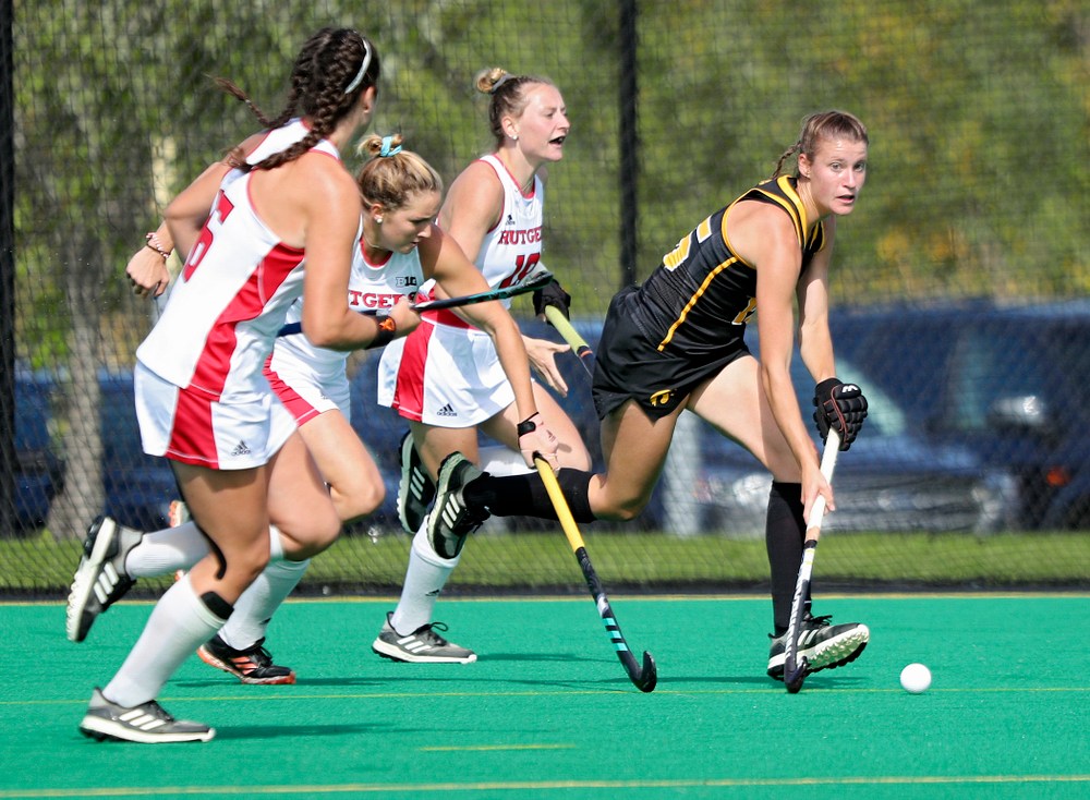 Iowa’s Esme Gibson (15) moves with the ball during the second quarter of their match at Grant Field in Iowa City on Friday, Oct 4, 2019. (Stephen Mally/hawkeyesports.com)